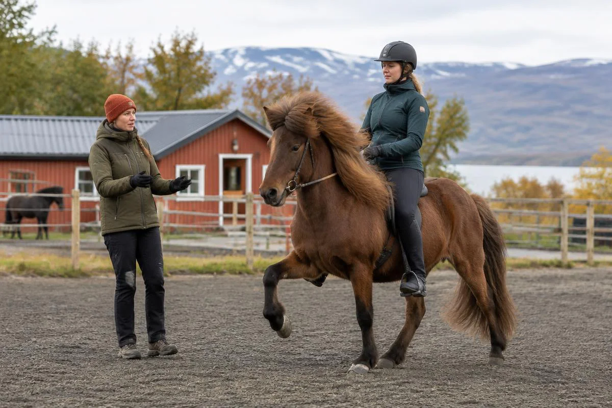 Tränare ger vägledning till en ryttare på en islandshäst i en ridbana